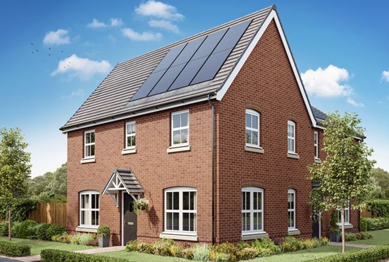 A two-story brick house with solar panels on the roof, white-framed windows, and a covered front porch.