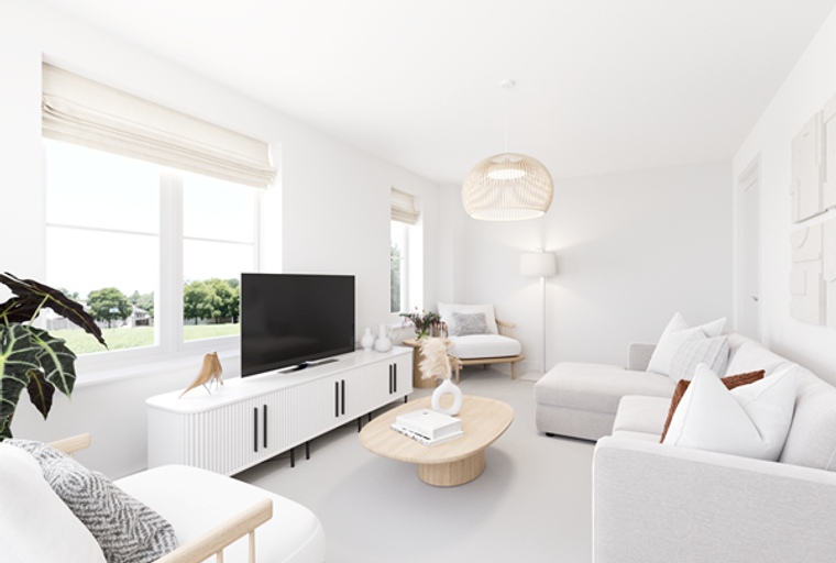 A living room with a television, media console, sofa, and coffee table.