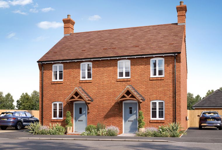 A pair of semi-detached brick houses with light blue doors and white windows.