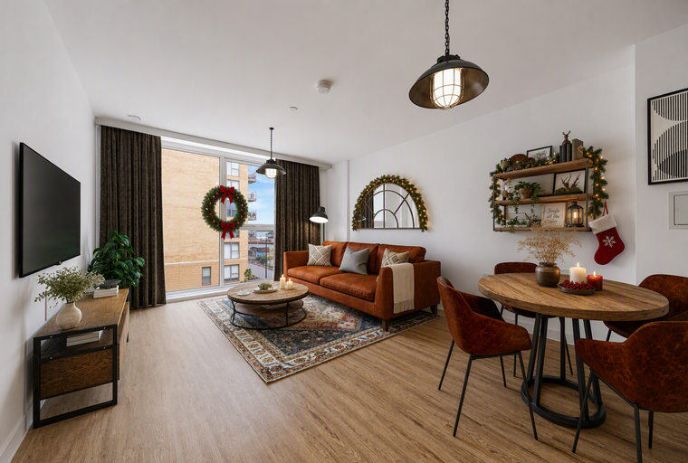A living and dining area with a sofa, coffee table, dining table, and chairs, decorated for Christmas.