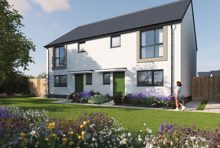 A modern semi-detached house with green doors and large windows, set in a garden with colorful flowers.