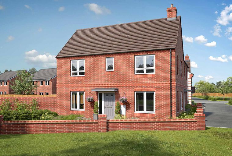 A red brick house with white-framed windows and a grey front door, surrounded by a low brick wall and green grass.