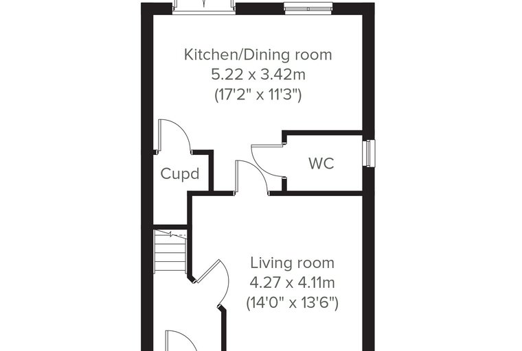 A floor plan showing a kitchen/dining room, living room, WC, and a cupboard.