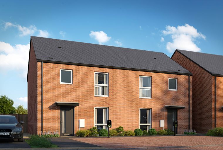 A row of modern brick townhouses with dark grey doors and electric vehicle charging stations.