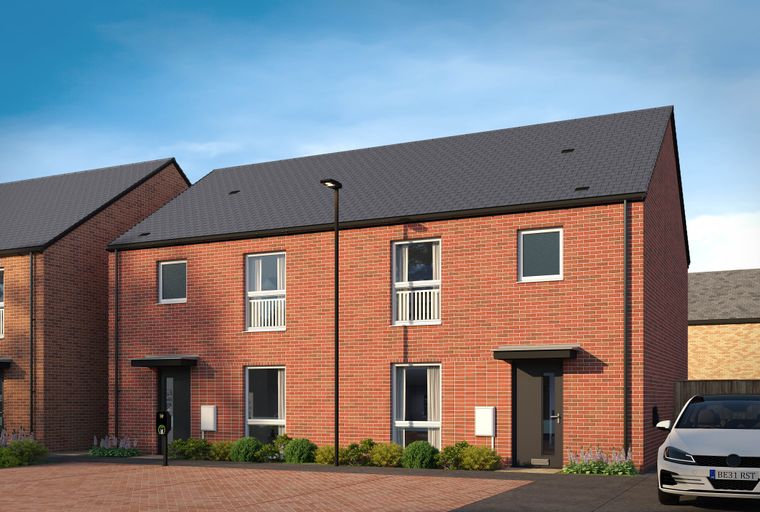 A row of modern red brick townhouses with grey roofs, windows, doors, and a car parked in the driveway.