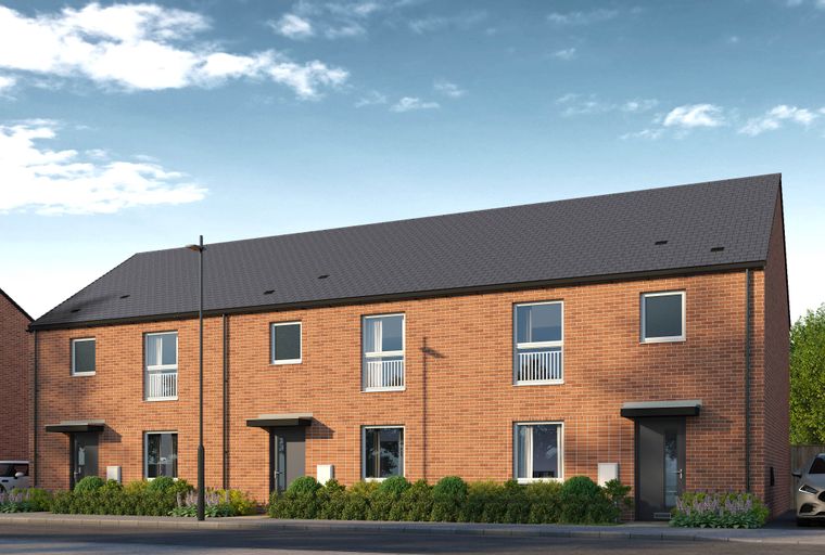 A row of modern brick townhouses with dark roofs and manicured front gardens.