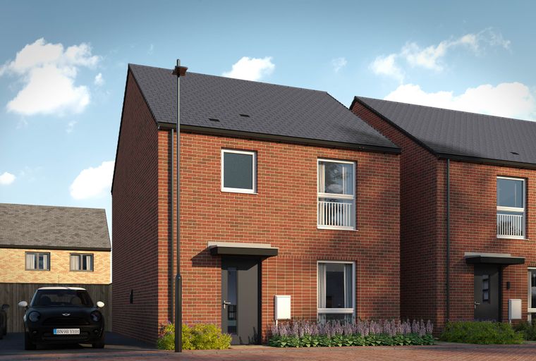 A row of modern brick houses with cars parked in front.
