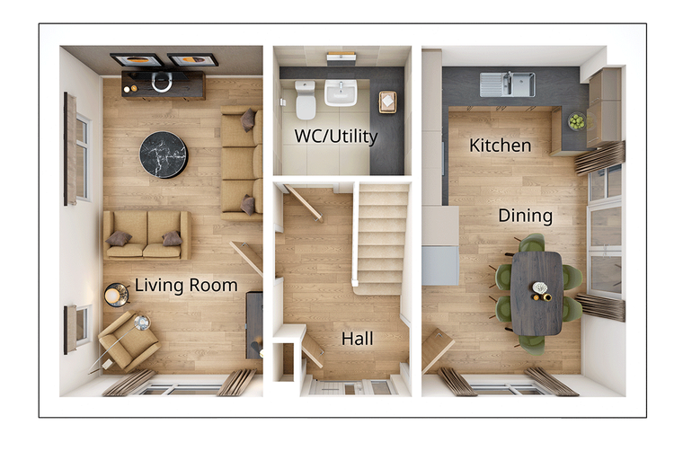 A floor plan of a house with a living room, WC/Utility, hall, kitchen, and dining area.