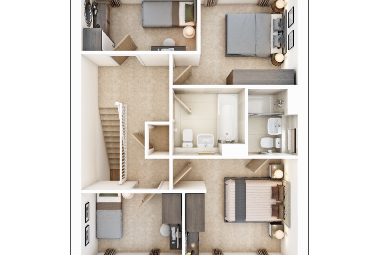 A floor plan of a multi-level house with bedrooms, bathrooms, and a staircase.