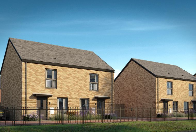 A row of modern brick townhouses with tiled roofs and front gardens behind a black metal fence.
