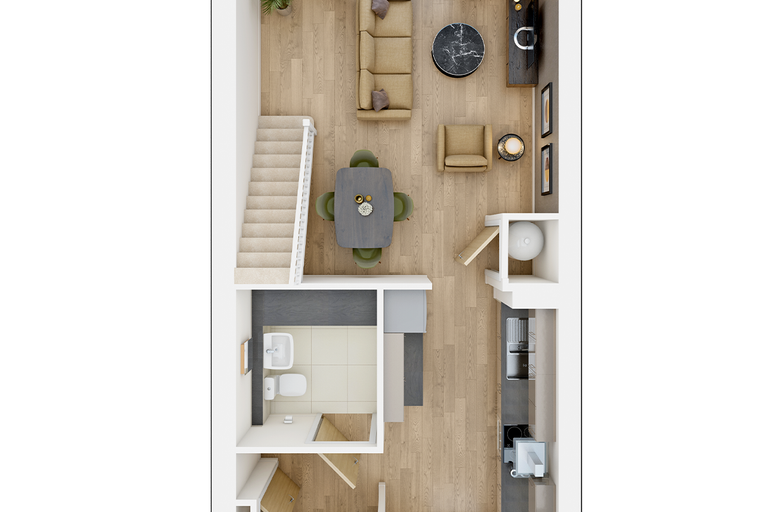 A floor plan of a townhouse with a living room, dining area, kitchen, and bathroom.