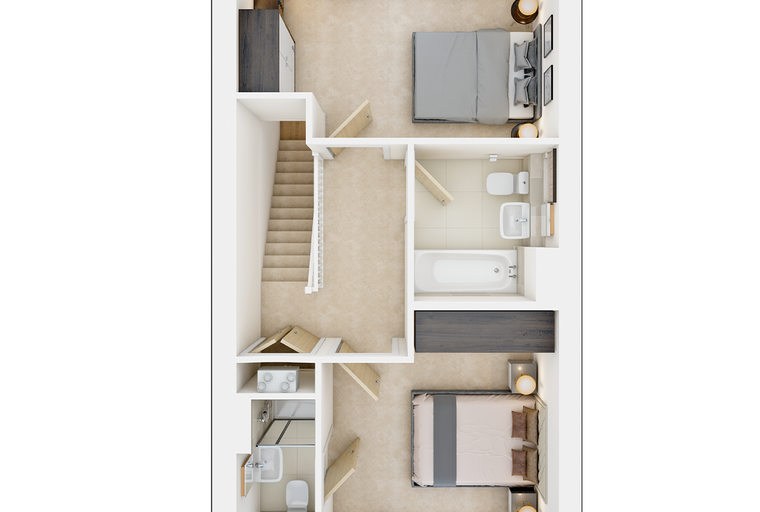 A floor plan of a house with two bedrooms, two bathrooms, and a staircase.