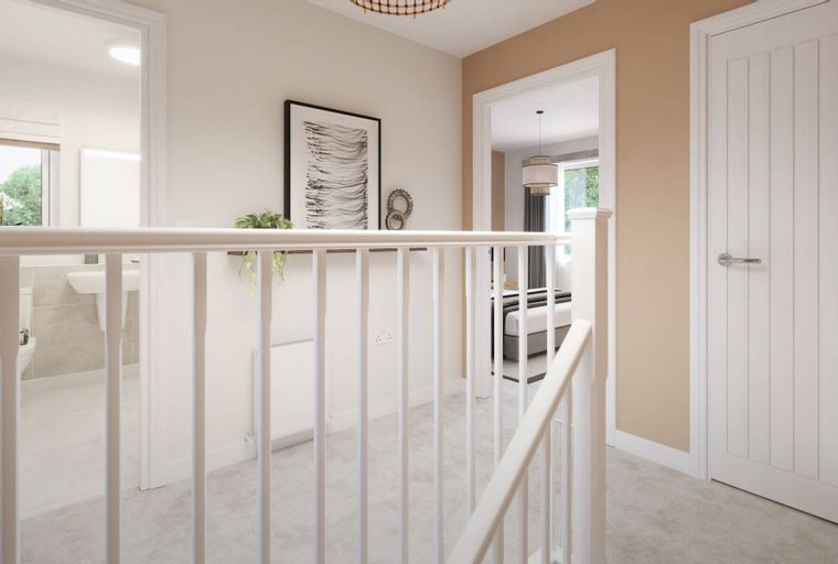 A hallway landing with a white balustrade, doors, and artwork.