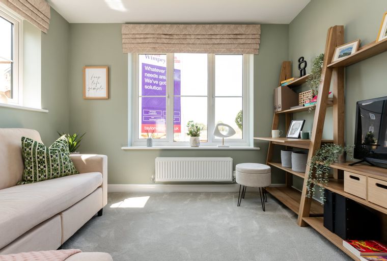 A living room with a sofa, window, and shelving unit.