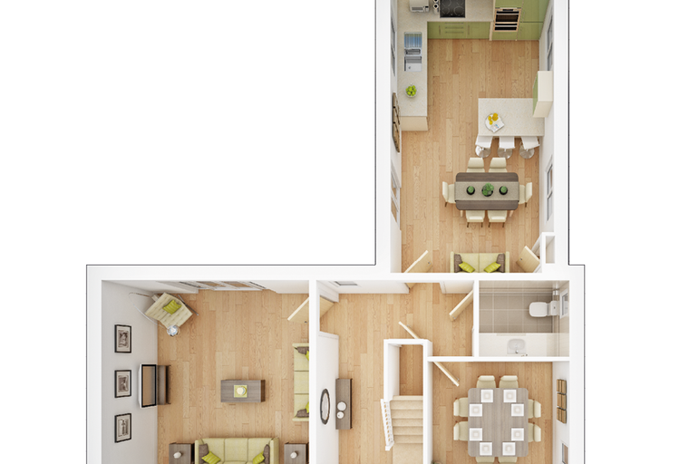 A floor plan of a house with a living room, kitchen, dining room, and bathroom.