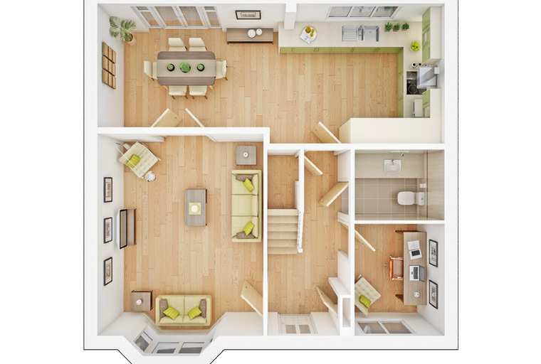 A 3D floor plan of a house with a living room, dining room, kitchen, bathroom, and office.