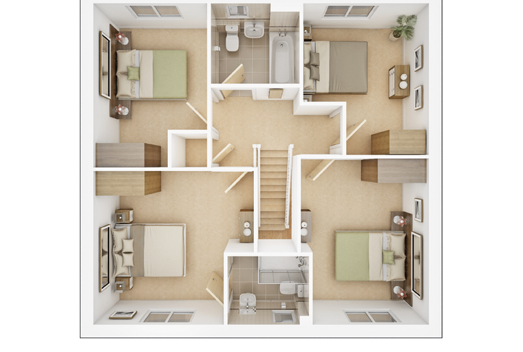 A floor plan of a house with four bedrooms and two bathrooms.