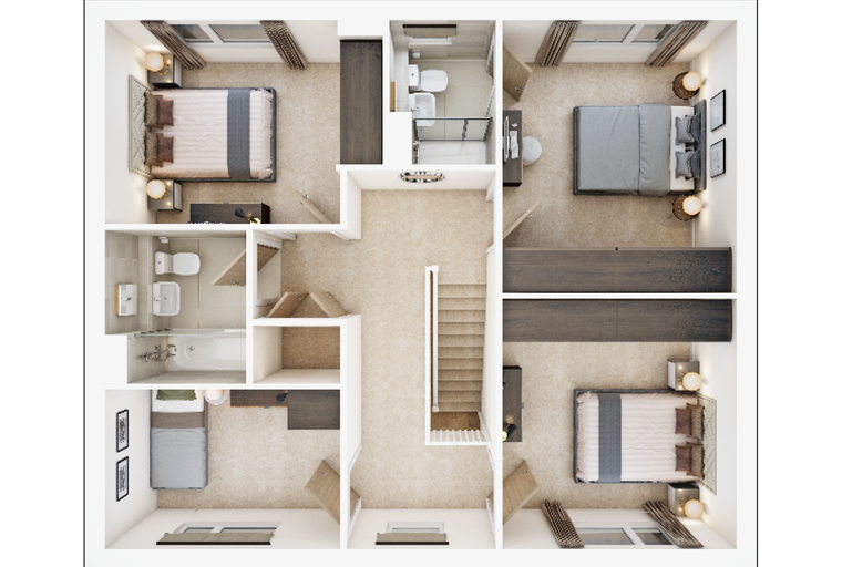 A floor plan of a multi-level home with multiple bedrooms and bathrooms.