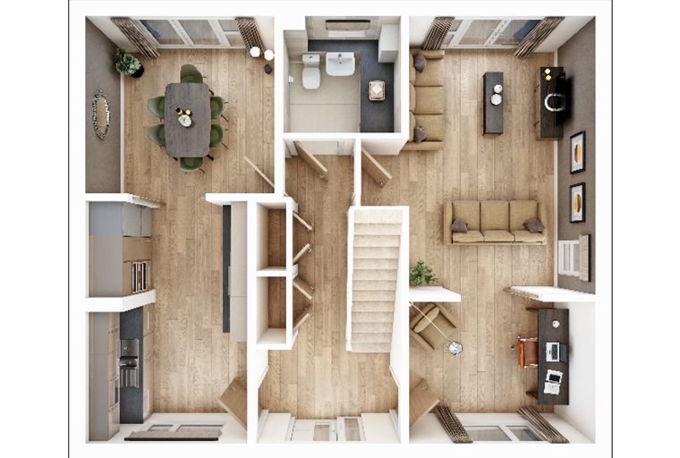 A floor plan of a house with a living room, dining room, kitchen, and bathroom.