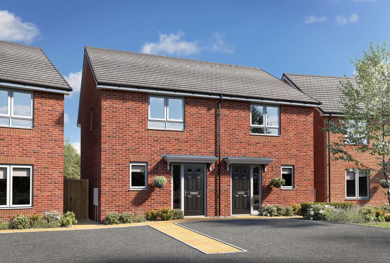 A pair of red brick semi-detached houses with grey tiled roofs and dark grey front doors.