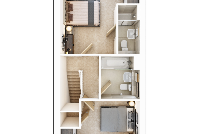 A 3D floor plan of a multi-level home with two bedrooms and two bathrooms.