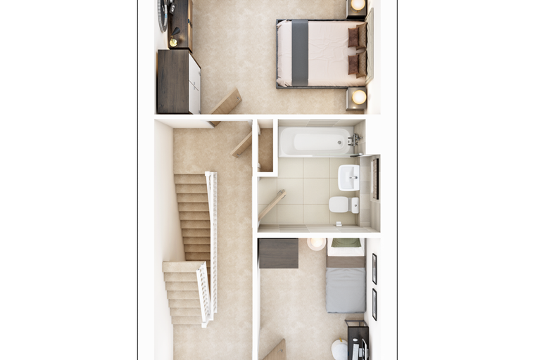 A floor plan of a two-story house with bedrooms, bathrooms, and a staircase.