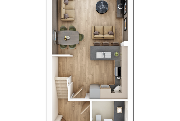 A top-down view of a modern living room, dining area, and kitchen.