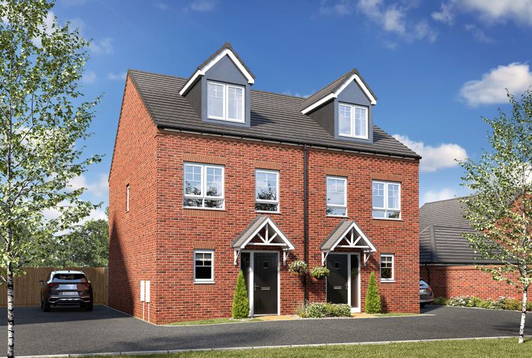 A red brick semi-detached house with dormer windows and a driveway.