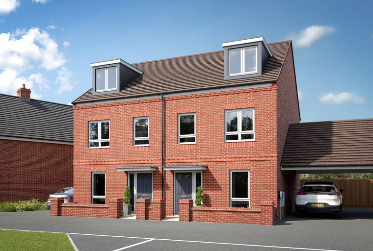 A pair of modern red brick semi-detached houses with dormer windows, a driveway, and a carport.
