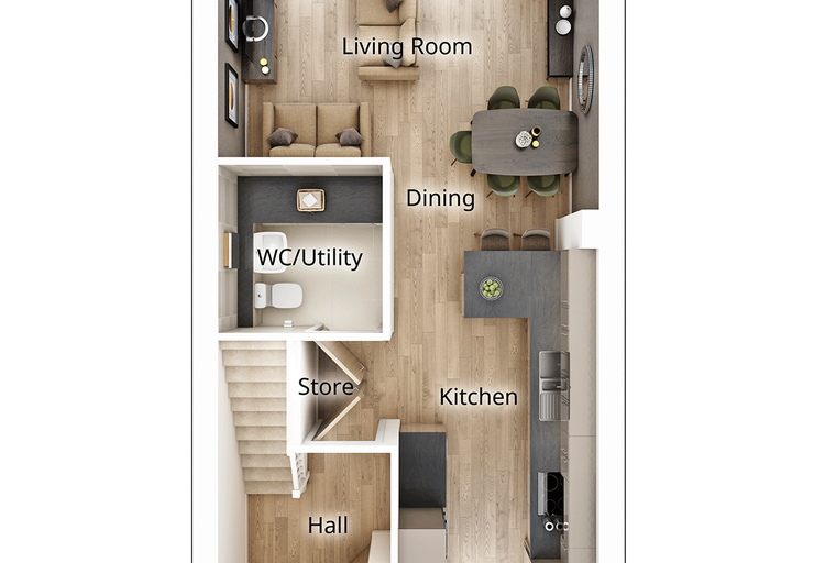 A floor plan of a house showing a living room, dining area, kitchen, WC/utility, store, and hall.