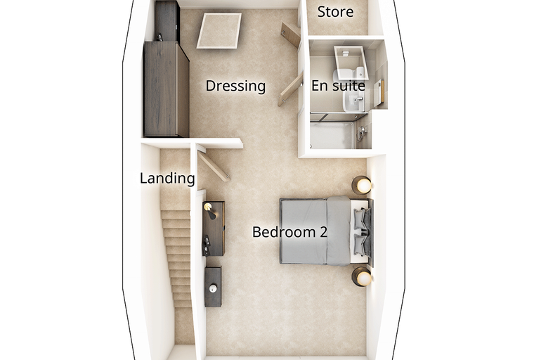 A floor plan of a bedroom with a landing, dressing area, en suite, and store room.