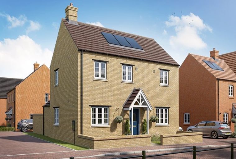 A two-story detached house with a brick exterior, a tiled roof, and solar panels.