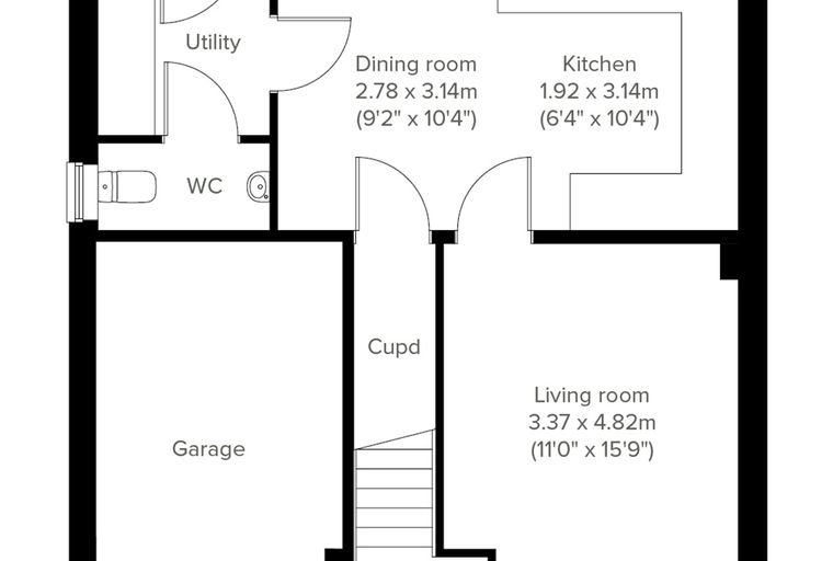 A floor plan of a house with a living room, kitchen, dining room, utility, WC, and garage.