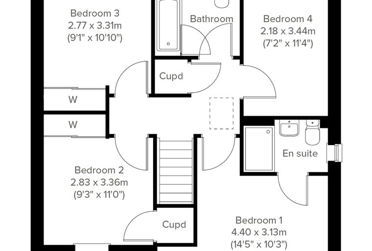 A floor plan of a four-bedroom house with a bathroom and an en-suite.
