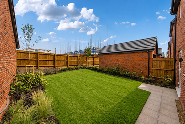A backyard with a green lawn, a brick garage, a wooden fence, and a paved pathway.