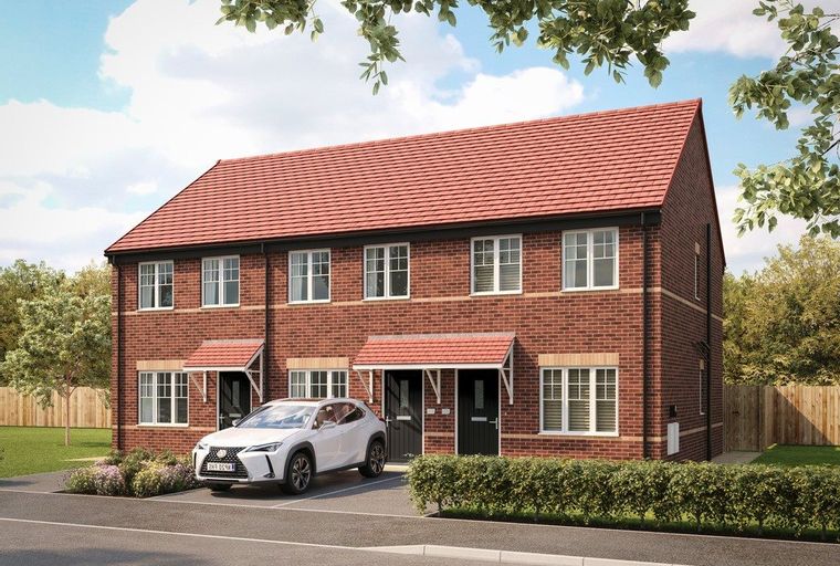 A modern brick semi-detached house with a red tiled roof, white-framed windows, and a car parked in the driveway.