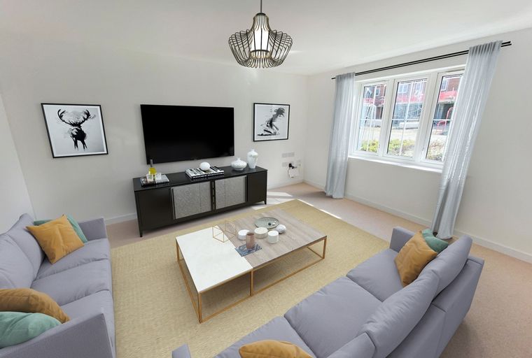 A living room with two sofas, a coffee table, and a television.