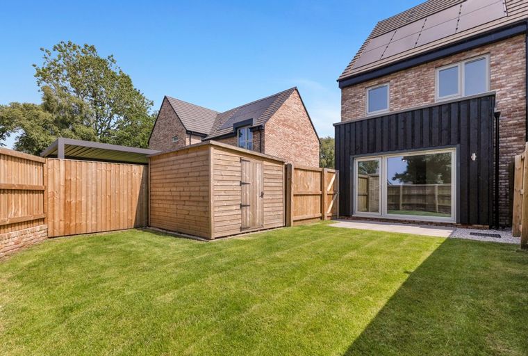 A backyard with a lawn, a wooden shed, and wooden fences.