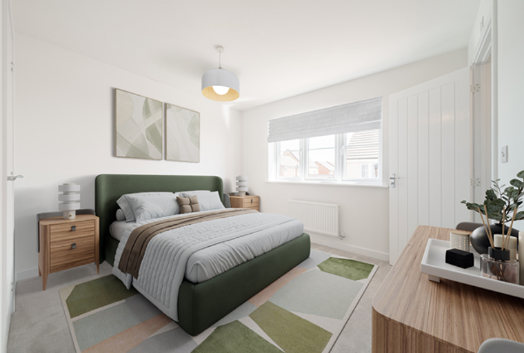 A bedroom with a bed, nightstands, and a rug.