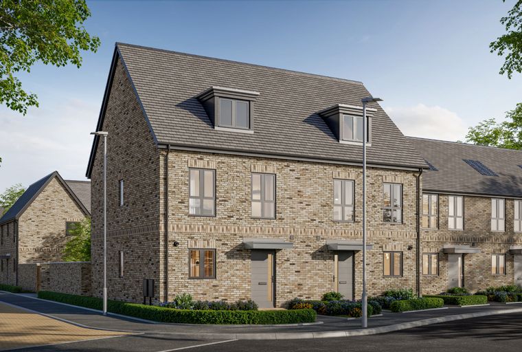 A row of modern brick townhouses with grey roofs and windows, front gardens, and paved walkways.