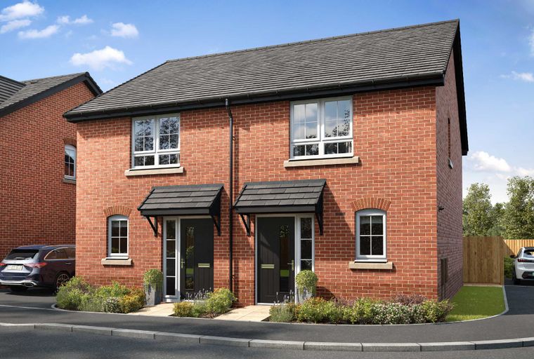A pair of red brick semi-detached houses with dark grey tiled roofs and awnings over their front doors.
