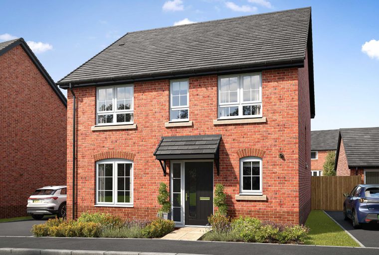 A red brick house with white windows and a dark grey front door.