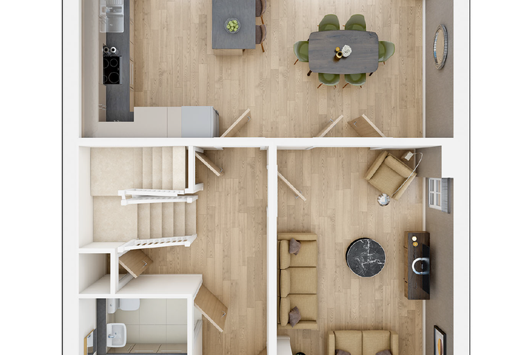 A top-down view of a two-story house interior with a kitchen, dining area, living room, and bathroom.