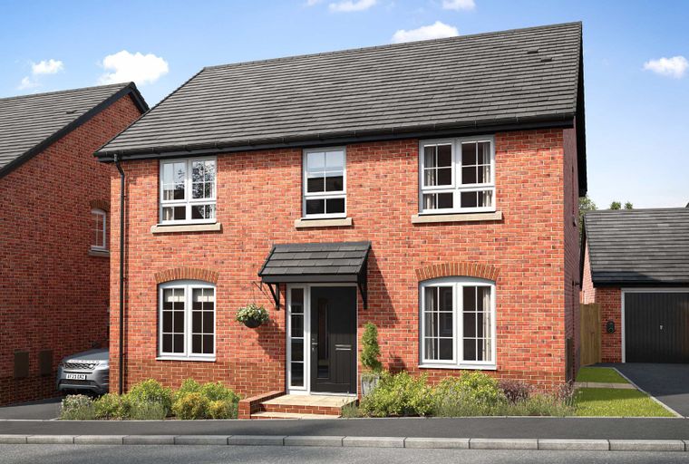 A red brick house with white-framed windows and a dark grey front door.
