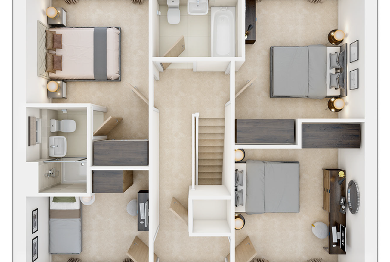 A floor plan of a house with multiple bedrooms and bathrooms.