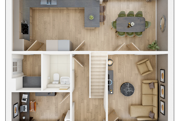 A top-down view of a modern house interior, showing a kitchen, dining area, living room, and home office.