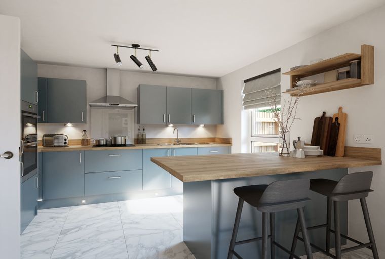 A modern kitchen with slate-blue cabinets, a wooden island, and stainless steel appliances.
