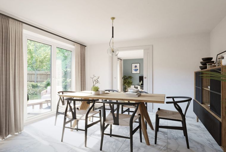 A dining room with a wooden table and chairs.