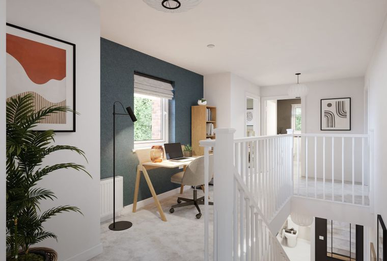 A landing area with a desk, chair, and bookshelf.