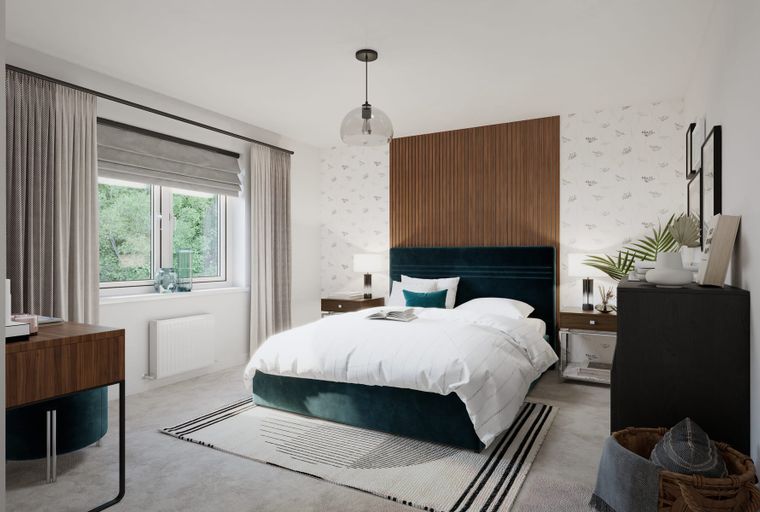 A bedroom with a bed, nightstands, a dresser, and a window.
